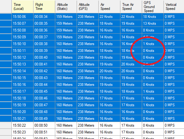 Data grid showing 0 ground speed